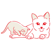 Gulinčios suaugusios katės ir ant jos lipančio kačiuko eskizas