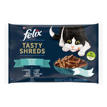 Šlapiasis kačių ėdalas FELIX® TASTY SHREDS vandenyno žuvų rinkinys padaže (lašišos, tunai)