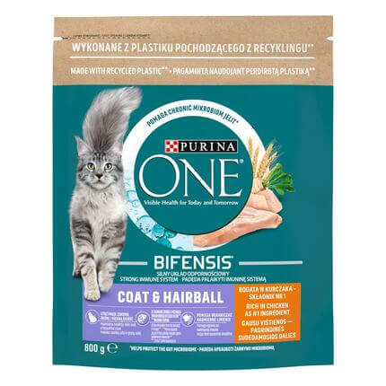 Sausasis kačių ėdalas PURINA ONE® COAT & HAIRBALL, sudėtyje gausu vištienos