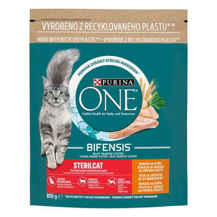 Sausasis kačių ėdalas „Purina ONE® STERILCAT“, sudėtyje gausu vištienos