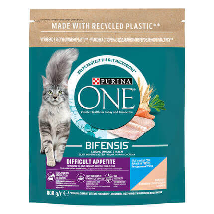 Sausasis kačių ėdalas PURINA ONE® DIFFICULT APPETITE, sudėtyje gausu menkių ir upėtakių