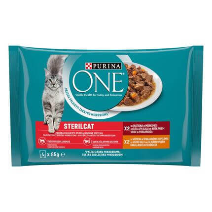 Šlapiasis kačių ėdalas PURINA ONE® STERILCAT, mini filė padaže, su jautiena ir morkomis arba su vištiena ir šparaginėmis pupe