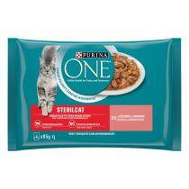 Šlapiasis kačių ėdalas PURINA ONE® STERILCAT, mini filė padaže, su lašišomis ir morkomis