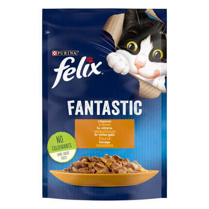 Šlapiasis kačių ėdalas FELIX® FANTASTIC su vištiena drebučiuose
