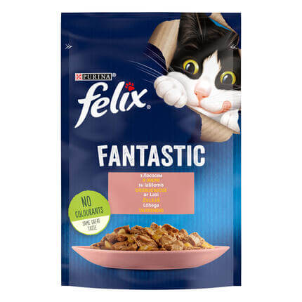 Šlapiasis kačių ėdalas FELIX® FANTASTIC su lašišomis drebučiuose