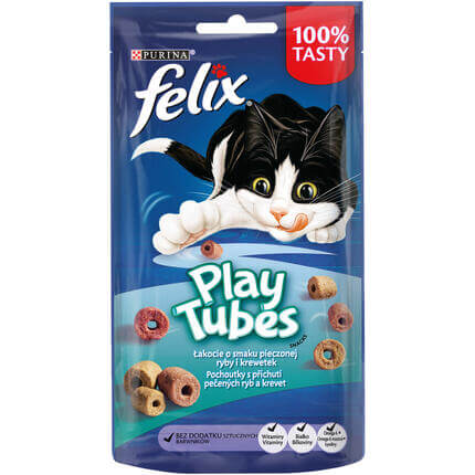 Kačių užkandžiai FELIX® PLAY TUBES su keptomis žuvimis ir krevetėmis
