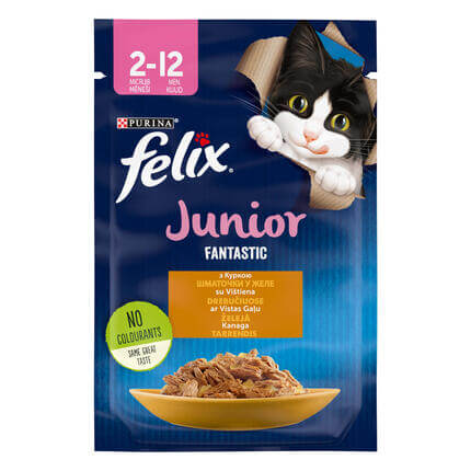 Šlapiasis kačių ėdalas FELIX® FANTASTIC JUNIOR su vištiena drebučiuose