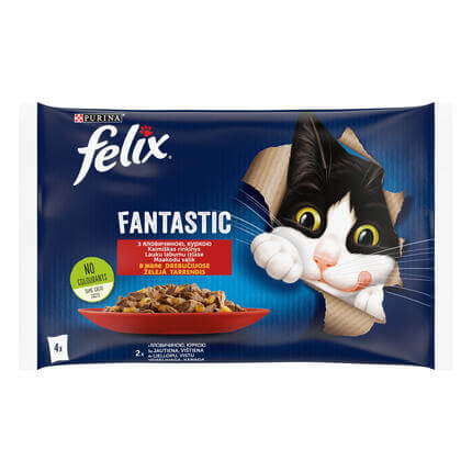Šlapiasis kačių ėdalas FELIX® FANTASTIC kaimiškas rinkinys drebučiuose (jautiena, vištiena)