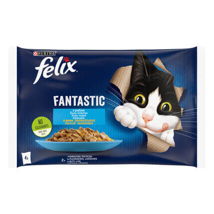Šlapiasis kačių ėdalas FELIX® FANTASTIC, žuvų rinkinys drebučiuose (lašišos, plekšnės)