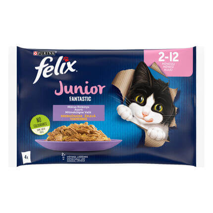 Šlapiasis kačių ėdalas FELIX® FANTASTIC JUNIOR su vištiena ir lašišomis drebučiuose