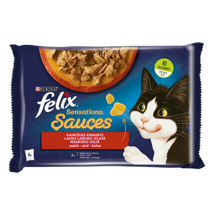 Šlapiasis kačių ėdalas FELIX® SENSATIONS kaimiškas rinkinys padaže (kalakutiena, ėriena)