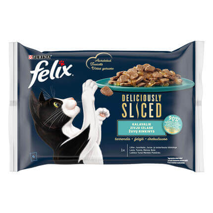 Šlapiasis kačių ėdalas FELIX® DELICIOUSLY SLICED vandenyno žuvų rinkinys drebučiuose (lašišos, tunai, menkės, plekšnės)