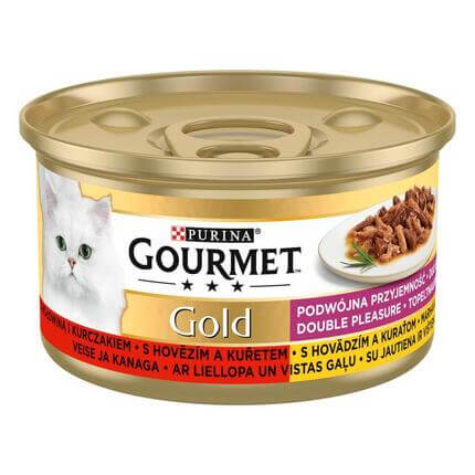 PURINA GOURMET® GOLD DOUBLE PLEASURE, visavertis šlapiasis ėdalas suaugusioms katėms, su jautiena ir vištiena, 85 g skardinė