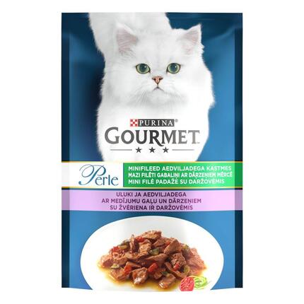 PURINA GOURMET® PERLE Mini Fillets — visavertis šlapiasis ėdalas suaugusioms katėms, su žvėriena ir daržovėmis, 85g maišelis
