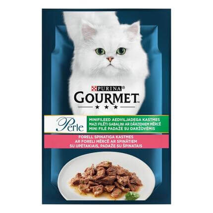 PURINA GOURMET® PERLE Mini Fillets in Gravy with vegetables — visavertis šlapiasis ėdalas suaugusioms katėms, su upėtakiais, 
