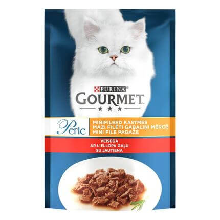 PURINA GOURMET® PERLE Mini Fillets in Gravy — visavertis šlapiasis ėdalas suaugusioms katėms, su jautiena, 85g maišelis