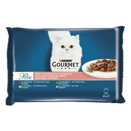 GOURMET® PERLE visavertis šlapiasis ėdalas suaugusioms katėms, maži filė gabalėliai su padažu. Daugiapakuotėje yra 4 skonių p