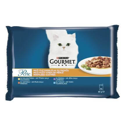 GOURMET® PERLE visavertis šlapiasis ėdalas suaugusioms katėms, maži filė gabalėliai su padažu. Daugiapakuotėje yra 4 skonių p