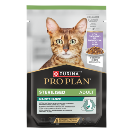 PURINA® PRO PLAN® Adult Sterilised Maintenance, su kalakutiena drebučiuose