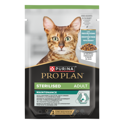 PURINA® PRO PLAN® Adult Sterilised Maintenance, su vandenyno žuvimis drebučiuose