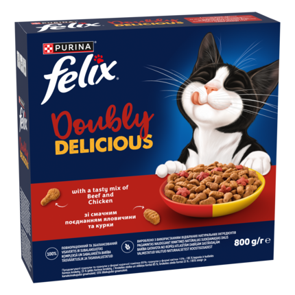 „Felix® Doubly Delicious“ – sausasis suaugusių kačių pašaras su skaniu jautienos ir vištienos mišiniu, sudėtyje gausu burokėl