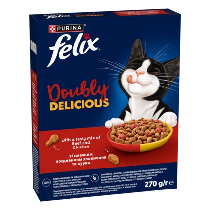 „Felix® Doubly Delicious“ – sausasis suaugusių kačių pašaras su skaniu jautienos ir vištienos mišiniu, sudėtyje gausu burokėl