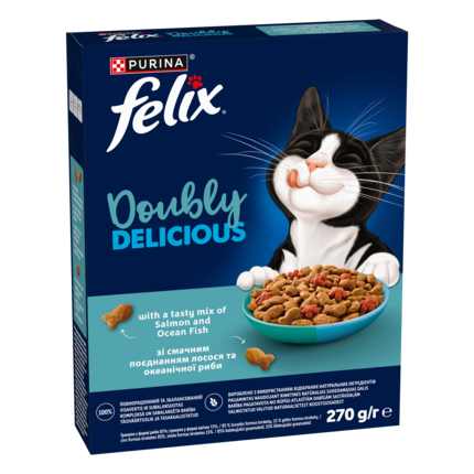 „Felix® Doubly Delicious“ – sausasis suaugusių kačių pašaras su skaniu lašišų ir vandenyno žuvų mišiniu, sudėtyje gausu burok