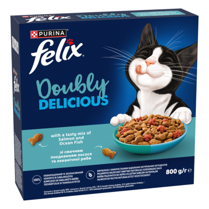 „Felix® Doubly Delicious“ – sausasis suaugusių kačių pašaras su skaniu lašišų ir vandenyno žuvų mišiniu, sudėtyje gausu burok