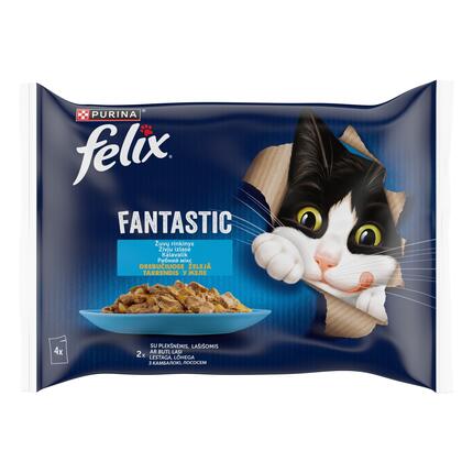 FELIX FANTASTIC Fish Selection visavertis šlapiasis ėdalas suaugusioms katėms drebučiuose 4x85g