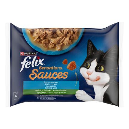 FELIX SENSATIONS Fish Selection visavertis šlapiasis ėdalas suaugusioms katėms su padažu 4x85g