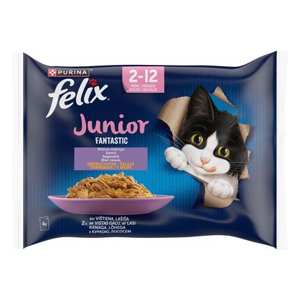FELIX FANTASTIC Junior visavertis šlapiasis ėdalas jauniems kačiukams su vištiena ir su lašišomis drebučiuose 4x85g