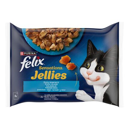 FELIX SENSATIONS Fish Selection visavertis šlapiasis ėdalas suaugusioms katėms drebučiuose 4x85g