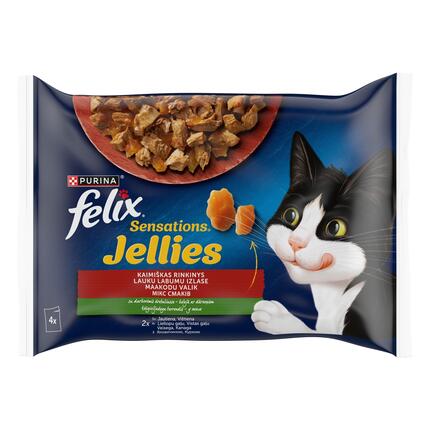 FELIX SENSATIONS Countryside Selection visavertis šlapiasis ėdalas suaugusioms katėms drebučiuose 4x85g