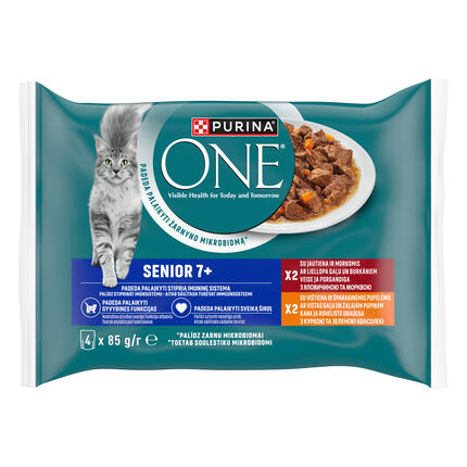 Šlapiasis kačių ėdalas PURINA ONE® SENIOR 7+, mini filė padaže, su vištiena ir šparaginėmis pupelėmis bei su jautiena ir mork