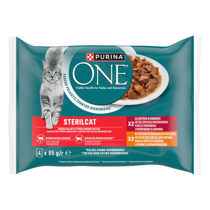 Šlapiasis kačių ėdalas PURINA ONE® STERILCAT, mini filė padaže, su jautiena ir morkomis arba su vištiena ir šparaginėmis pupe