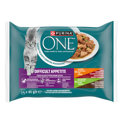 Šlapiasis kačių ėdalas PURINA ONE® DIFFICULT APPETITE, mini filė padaže, su vištiena ir jautiena arba kalakutiena ir antiena