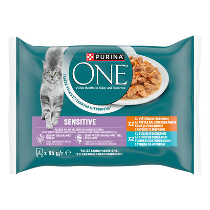Šlapiasis kačių ėdalas PURINA ONE® SENSITIVE, mini filė švelniame padaže, su vištiena ir tunais