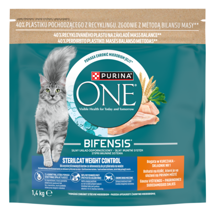 Sausasis kačių ėdalas PURINA ONE® STERILCAT WEIGHT CONTROL, sudėtyje gausu vištienos