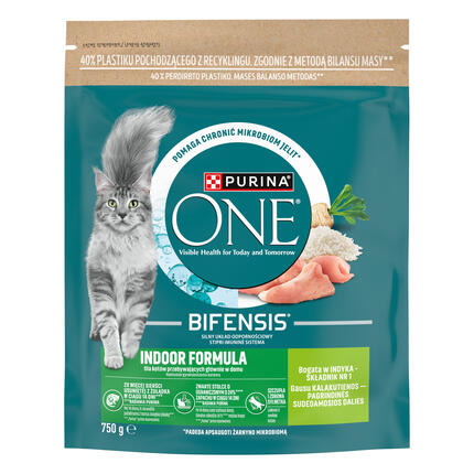 Sausasis kačių ėdalas PURINA ONE® INDOOR, sudėtyje gausu kalakutienos