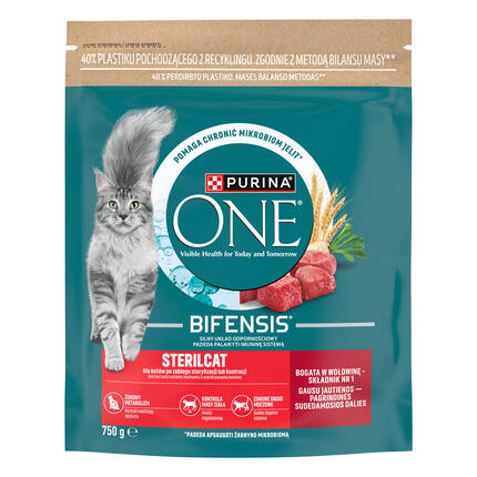 Sausasis kačių ėdalas PURINA ONE® STERILCAT, sudėtyje gausu jautienos