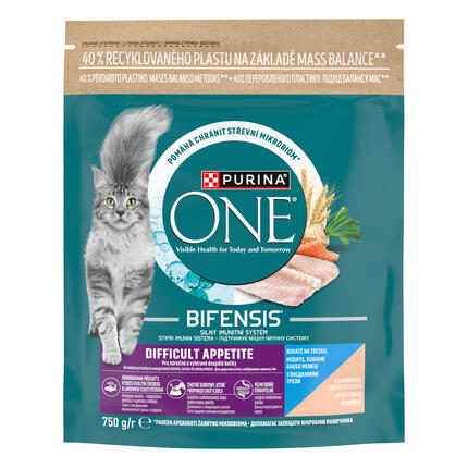 Sausasis kačių ėdalas PURINA ONE® DIFFICULT APPETITE, sudėtyje gausu menkių ir upėtakių
