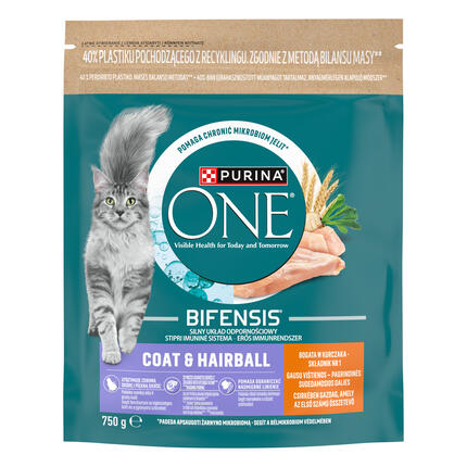 Sausasis kačių ėdalas PURINA ONE® COAT & HAIRBALL, sudėtyje gausu vištienos