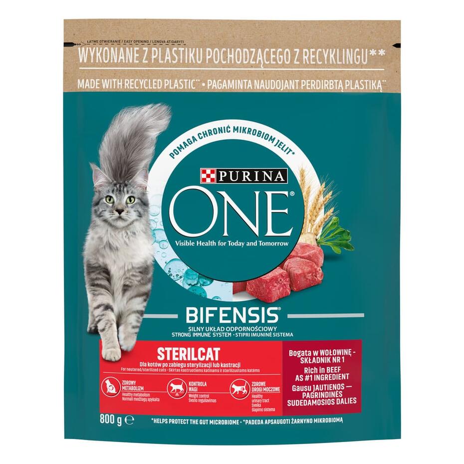 Sausasis kačių ėdalas PURINA ONE® STERILCAT, sudėtyje gausu jautienos