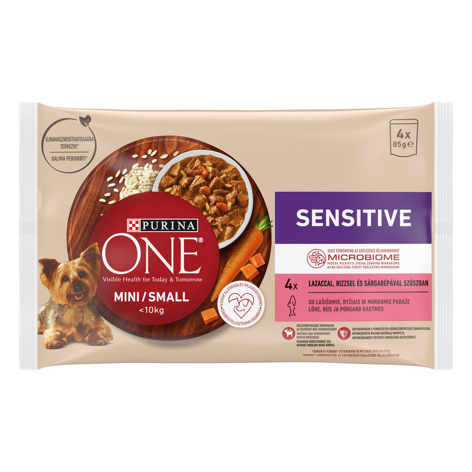 Šlapiasis šunų ėdalas PURINA ONE® MINI/SMALL SENSITIVE su lašišomis, ryžiais ir morkomis padaže