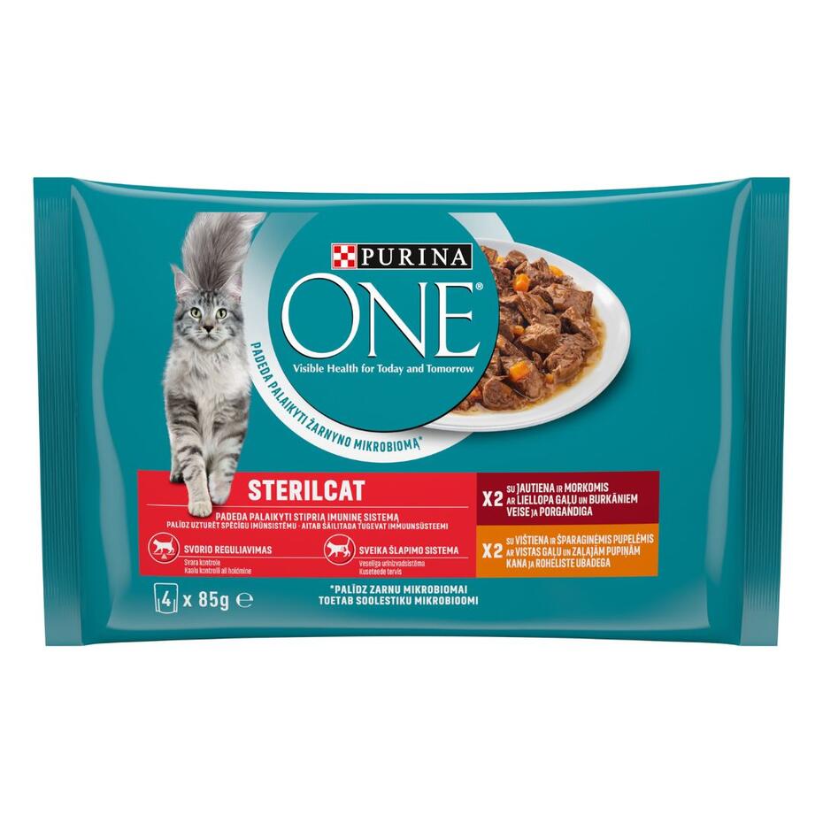 Šlapiasis kačių ėdalas PURINA ONE® STERILCAT, mini filė padaže, su jautiena ir morkomis arba su vištiena ir šparaginėmis pupe