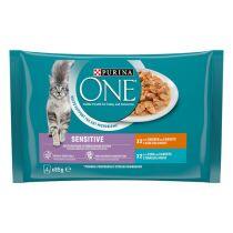Šlapiasis kačių ėdalas PURINA ONE® SENSITIVE, mini filė švelniame padaže, su vištiena ir tunais