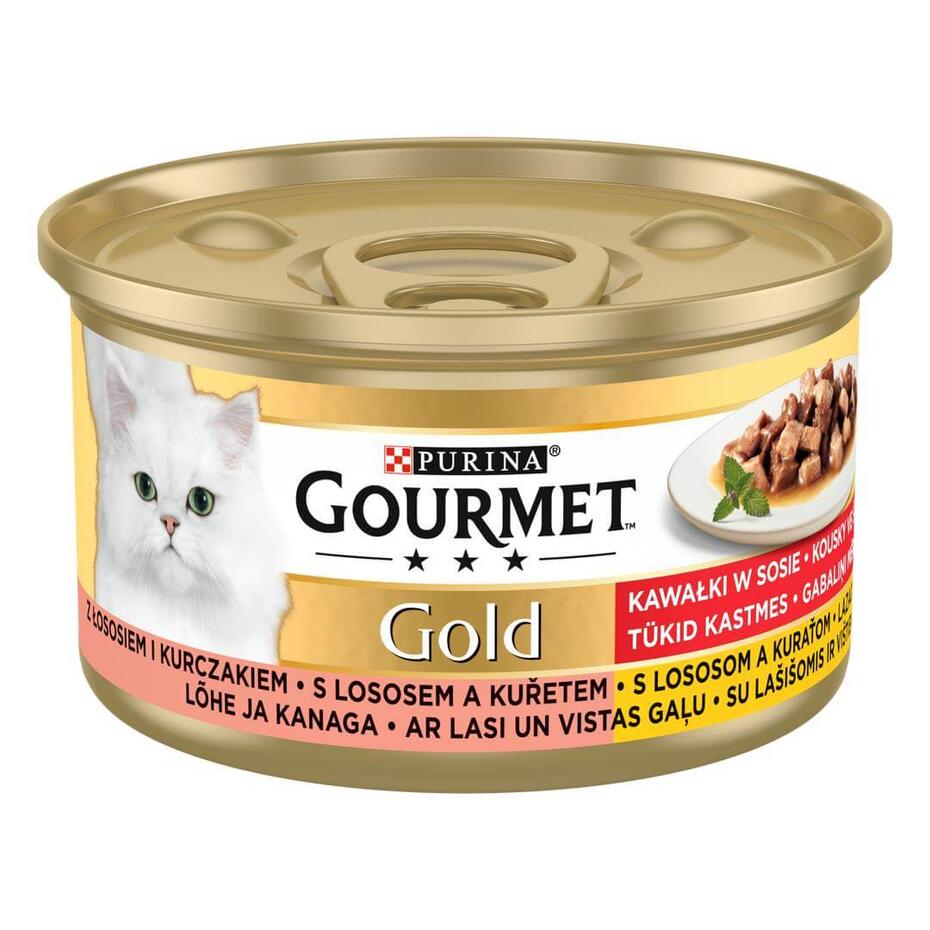 PURINA GOURMET™ GOLD su lašišomis ir vištiena — visavertis šlapiasis ėdalas suaugusioms katėms, 85 g skardinė