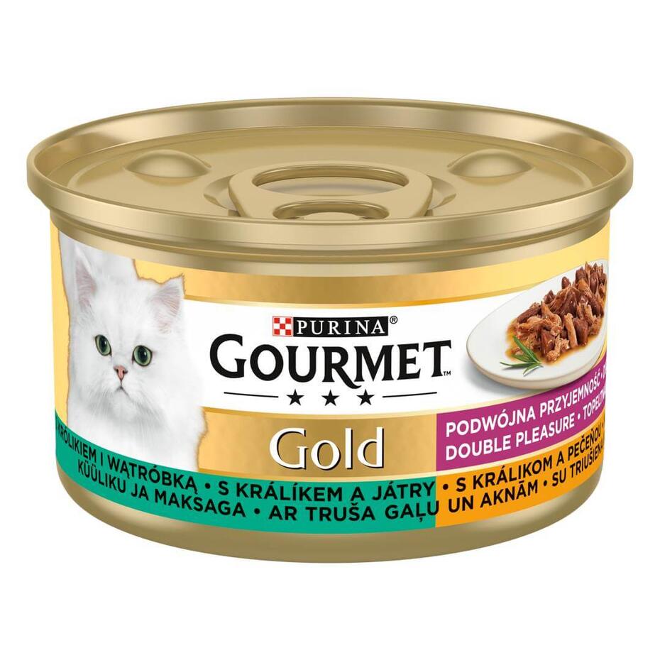 PURINA GOURMET™ GOLD DOUBLE PLEASURE, visavertis šlapiasis ėdalas suaugusioms katėms, su triušiena ir kepenėlėmis, 85 g skard