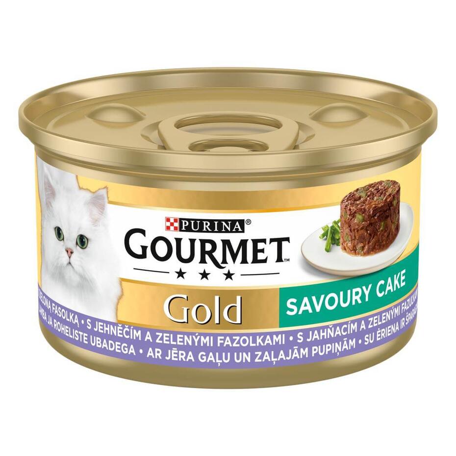 PURINA GOURMET™ GOLD Savoury Cake šlapiasis kačių ėdalas su ėriena ir šparaginėmis pupelėmis, 85g skardinė