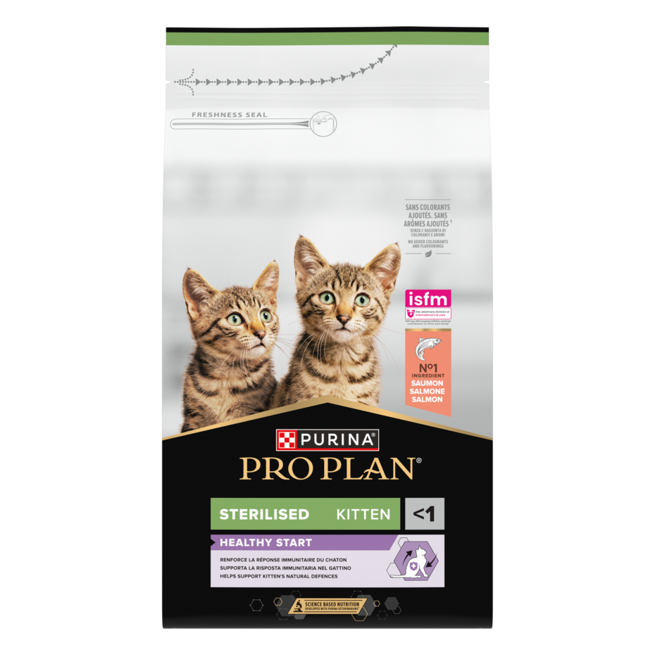 PURINA® PRO PLAN® Sterilised Kitten 3-12 mėn. Healthy Start, gausu lašišų